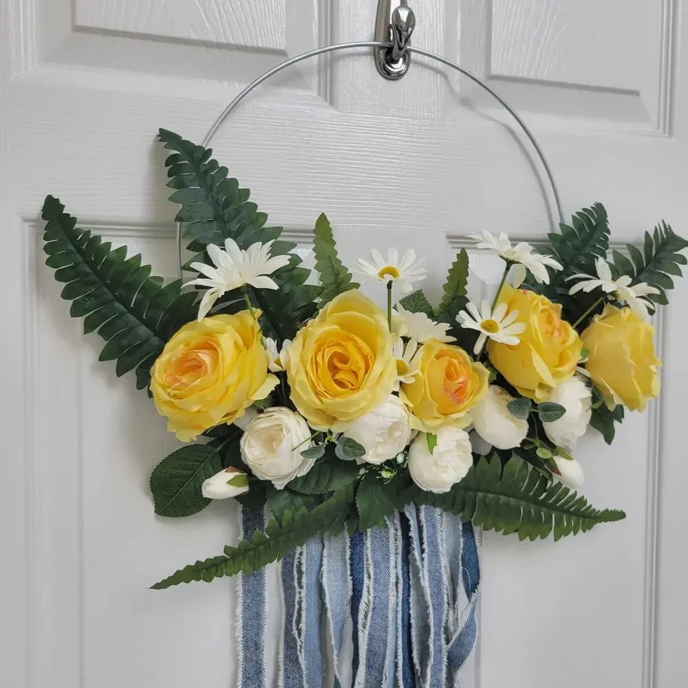 Galvanized Hoop Wreath with Yellow Roses, Daisies, Ferns & Denim Streamers